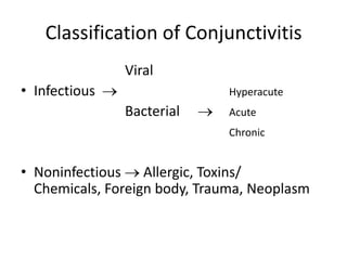 Classification of Conjunctivitis
Viral
• Infectious Hyperacute
Bacterial Acute
Chronic
• Noninfectious Allergic, Toxins/
Chemicals, Foreign body, Trauma, Neoplasm
 
