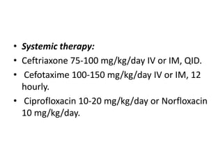 • Systemic therapy:
• Ceftriaxone 75-100 mg/kg/day IV or IM, QID.
• Cefotaxime 100-150 mg/kg/day IV or IM, 12
hourly.
• Ciprofloxacin 10-20 mg/kg/day or Norfloxacin
10 mg/kg/day.
 