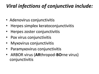 Viral infections of conjunctiva include:
• Adenovirus conjunctivitis
• Herpes simplex keratoconjunctivitis
• Herpes zoster conjunctivitis
• Pox virus conjunctivitis
• Myxovirus conjunctivitis
• Paramyxovirus conjunctivitis
• ARBOR virus (ARthropod-BOrne virus)
conjunctivitis
 
