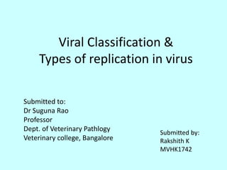 Viral Classification &
Types of replication in virus
Submitted by:
Rakshith K
MVHK1742
Submitted to:
Dr Suguna Rao
Professor
Dept. of Veterinary Pathlogy
Veterinary college, Bangalore
 