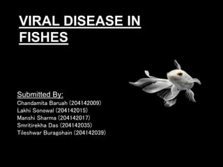 VIRAL DISEASE IN
FISHES
Submitted By:
Chandamita Baruah (204142009)
Lakhi Sonowal (204142015)
Manshi Sharma (204142017)
Smritirekha Das (204142035)
Tileshwar Buragohain (204142039)
 