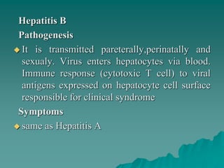 Hepatitis B
Pathogenesis
 It is transmitted pareterally,perinatally and
sexualy. Virus enters hepatocytes via blood.
Immune response (cytotoxic T cell) to viral
antigens expressed on hepatocyte cell surface
responsible for clinical syndrome
Symptoms
 same as Hepatitis A
 