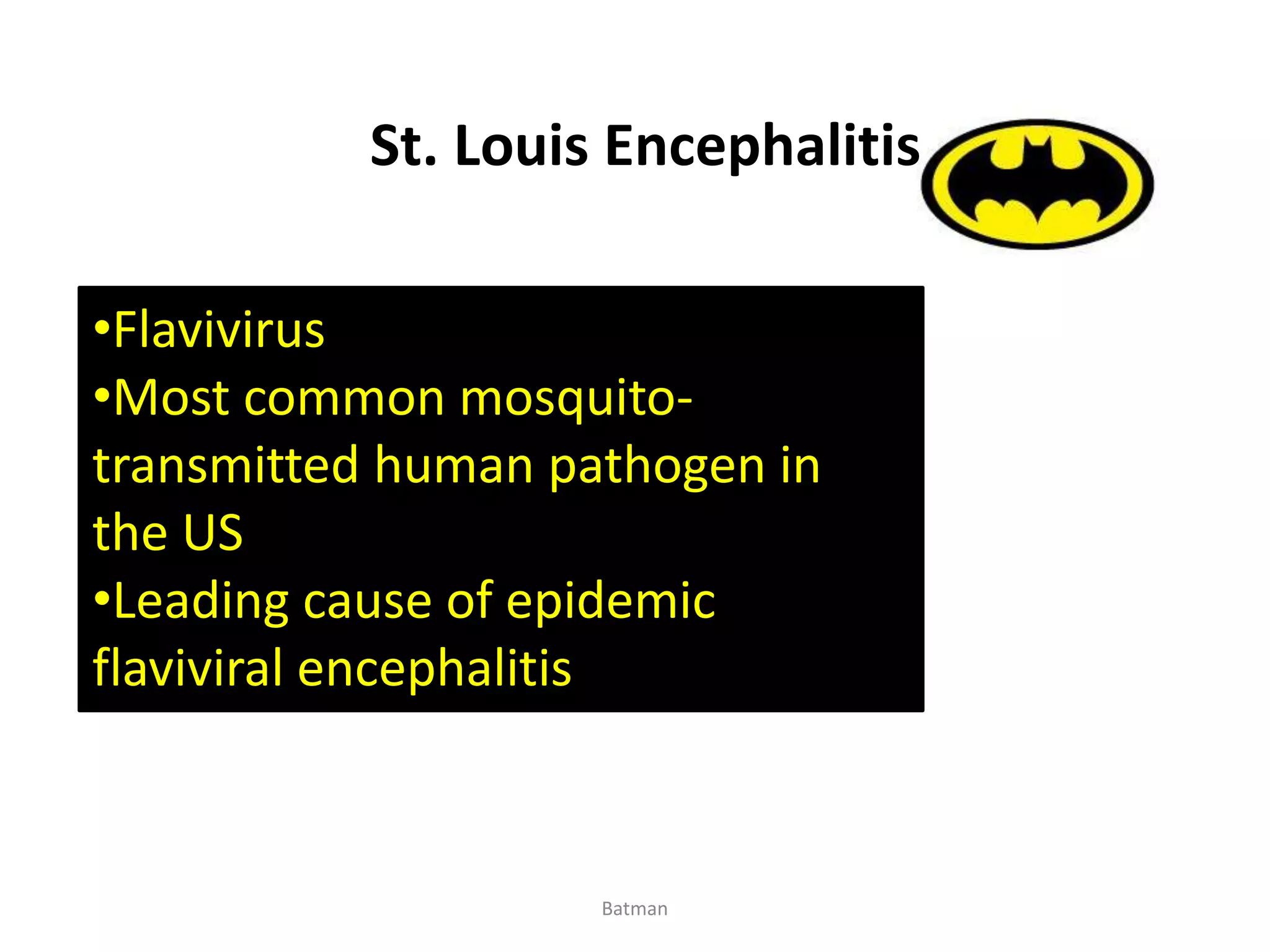 St. Louis Encephalitis
•Flavivirus
•Most common mosquito-
transmitted human pathogen in
the US
•Leading cause of epidemic
flaviviral encephalitis
Batman
 
