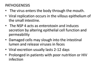 PATHOGENESIS
• The virus enters the body through the mouth.
• Viral replication occurs in the villous epithelium of
the small intestine.
• The NSP 4 acts as enterotoxin and induces
secretion by altering epithelial cell function and
permeability
• Damaged cells may slough into the intestinal
lumen and release viruses in feces
• Viral excretion usually lasts 2-12 days
• Prolonged in patients with poor nutrition or HIV
infection
 