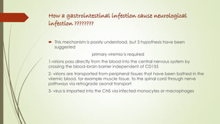 How a gastrointestinal infection cause neurological
infection ????????
 This mechanism is poorly understood, but 3 hypothesis have been
suggested
primary viremia is required
1-virions pass directly from the blood into the central nervous system by
crossing the blood–brain barrier independent of CD155
2- virions are transported from peripheral tissues that have been bathed in the
viremic blood, for example muscle tissue, to the spinal cord through nerve
pathways via retrograde axonal transport
3- virus is imported into the CNS via infected monocytes or macrophages
 