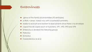 Enteroviruses
 genus of the family picornaviridae (70 serotypes)
 ss RNA,+ sense, naked virus with icosahedral symmetry
 stable to acid pH and resistant to lipid solvents since there is no envelope
 capsid has 60 copies each of 4 proteins, VP1, VP2, VP3 and VP4
 Enterovirus is divided into following groups
 Poliovirus
 Echovirus
 Coxsackievirus (a & b)
 
