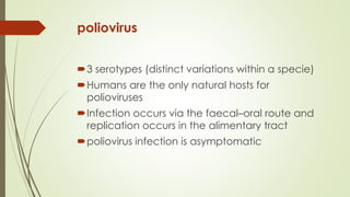 poliovirus
3 serotypes (distinct variations within a specie)
Humans are the only natural hosts for
polioviruses
Infection occurs via the faecal–oral route and
replication occurs in the alimentary tract
poliovirus infection is asymptomatic
 