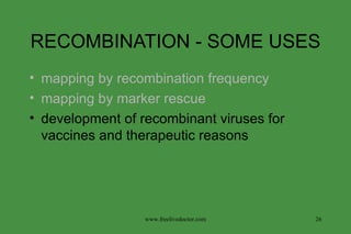 RECOMBINATION - SOME USES mapping by recombination frequency mapping by marker rescue development of recombinant viruses for vaccines and therapeutic reasons www.freelivedoctor.com 