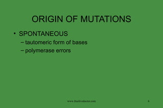 ORIGIN OF MUTATIONS SPONTANEOUS tautomeric form of bases polymerase errors www.freelivedoctor.com 