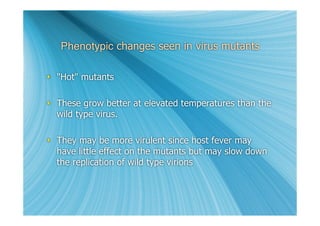 Phenotypic changes seen in virus mutants

 "Hot" mutants

 These grow better at elevated temperatures than the
  wild type virus.

 They may be more virulent since host fever may
  have little effect on the mutants but may slow down
  the replication of wild type virions
 