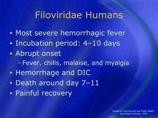 Filoviridae Humans Most severe hemorrhagic fever Incubation period: 4–10 days Abrupt onset Fever, chills, malaise, and myalgia Hemorrhage and DIC Death around day 7–11 Painful recovery Center for Food Security and Public Health  Iowa State University - 2004 