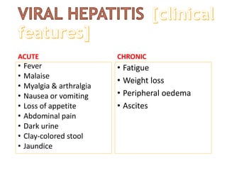 ACUTE
• Fever
• Malaise
• Myalgia & arthralgia
• Nausea or vomiting
• Loss of appetite
• Abdominal pain
• Dark urine
• Clay-colored stool
• Jaundice
CHRONIC
• Fatigue
• Weight loss
• Peripheral oedema
• Ascites
 