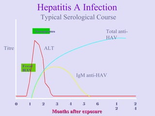 Fecal
HAV
Symptoms
0 1 2 3 4 5 6 1
2
2
4
Hepatitis A Infection
Total anti-
HAV
Titre ALT
IgM anti-HAV
Months after exposureMonths after exposure
Typical Serological Course
 