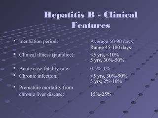  Incubation period: Average 60-90 days
Range 45-180 days
 Clinical illness (jaundice): <5 yrs, <10%
5 yrs, 30%-50%
 Acute case-fatality rate: 0.5%-1%
 Chronic infection: <5 yrs, 30%-90%
5 yrs, 2%-10%
 Premature mortality from
chronic liver disease: 15%-25%
Hepatitis B - Clinical
Features
 
