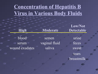 High Moderate
Low/Not
Detectable
blood semen urine
serum vaginal fluid feces
wound exudates saliva sweat
tears
breastmilk
Concentration of Hepatitis B
Virus in Various Body Fluids
 