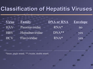 Classification of Hepatitis VirusesClassification of Hepatitis Viruses
*linear, single strand; ** circular, double strand;
Virus
HAV
HBV
HCV
DNA or RNA
RNA*
DNA**
RNA*
Family
Picornaviridae
Hepadnaviridae
Flaviviridae
Envelope
no
yes
yes
 