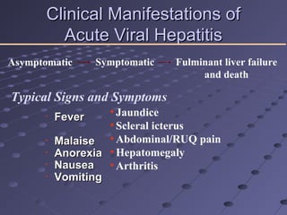 Clinical Manifestations ofClinical Manifestations of
Acute Viral HepatitisAcute Viral Hepatitis
Asymptomatic Symptomatic Fulminant liver failure
and death
• Jaundice
• Scleral icterus
• Abdominal/RUQ pain
• Hepatomegaly
• Arthritis
Typical Signs and Symptoms
•
FeverFever
•
MalaiseMalaise
•
AnorexiaAnorexia
•
NauseaNausea
•
VomitingVomiting
 