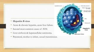 • Hepatitis B virus
• Acute & chronic hepatitis, acute liver failure.
• Second most common cause of AVH.
• Liver cirrhosis & hepatocellular carcinoma.
• Parenteral, mother to infant, sexual transmission.
 