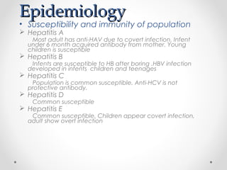 EpidemiologyEpidemiology
• Susceptibility and immunity of population
 Hepatitis A
Most adult has anti-HAV due to covert infection. Infent
under 6 month acquired antibody from mother. Young
children is susceptible
 Hepatitis B
Infents are susceptible to HB after boring .HBV infection
developed in infents children and teenages
 Hepatitis C
Population is common susceptible. Anti-HCV is not
protective antibody.
 Hepatitis D
Common susceptible
 Hepatitis E
Common susceptible. Children appear covert infection,
adult show overt infection
 