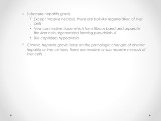 o Subacute hepatitis gravis
• Except massive necrosis, there are ball-like regeneration of liver
cells
• New connective tissue which form fibrous band and separate
the liver cells regenerated forming pseudolobuli
• Bile capillaries hyperplasia
o Chronic hepatitis gravis: base on the pathologic changes of chronic
hepatitis or liver cirrhosis, there are massive or sub massive necrosis of
liver cells
 