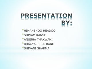 *HIMANSHOO HEADOO
*SHIVAM KANSE
*ANUSHA THAKWANI
*BHAGYASHREE RANE
*SHIVANI SHARMA
 