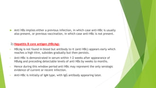  Anti HBs implies either a previous infection, in which case anti-HBc is usually
also present, or previous vaccination, in which case anti-HBc is not present.
2) Hepatitis B core antigen (HBcAg)-
• HBcAg is not found in blood but antibody to it (anti HBc) appears early which
reaches a high titre, subsides gradually but then persists.
• Anti-HBc is demonstrated in serum within 1-2 weeks after appearance of
HBsAg and preceding detectable levels of anti HBs by weeks to months.
• Hence during this window period anti HBc may represent the only serologic
evidence of current or recent infection.
• Anti-HBc is initially of IgM type, with IgG antibody appearing later.
 