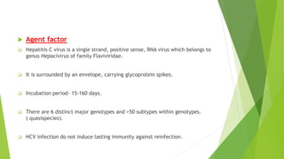 Agent factor
 Hepatitis C virus is a single strand, positive sense, RNA virus which belongs to
genus Hepacivirus of family Flaviviridae.
 It is surrounded by an envelope, carrying glycoprotein spikes.
 Incubation period- 15-160 days.
 There are 6 distinct major genotypes and >50 subtypes within genotypes.
( quasispecies).
 HCV infection do not induce lasting immunity against reinfection.
 