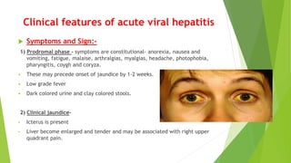 Clinical features of acute viral hepatitis
 Symptoms and Sign:-
1) Prodromal phase - symptoms are constitutional- anorexia, nausea and
vomiting, fatigue, malaise, arthralgias, myalgias, headache, photophobia,
pharyngitis, coygh and coryza.
 These may precede onset of jaundice by 1-2 weeks.
 Low grade fever
 Dark colored urine and clay colored stools.
2) Clinical jaundice-
• Icterus is present
• Liver become enlarged and tender and may be associated with right upper
quadrant pain.
 