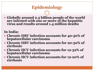 Epidemiology
 Globally around 2.3 billion people of the world
are infected with one or more of the hepatitis
virus and results around 1.4 million deaths
In India:
 Chronic HBV infection accounts for 40-50% of
hepatocellular carcinoma
 Chronic HBV infection accounts for 20-30% of
cirrhosis
 Chronic HCV infection accounts for 12-32% of
hepatocellular carcinoma
 Chronic HCV infection accounts for 12-20% of
cirrhosis
 