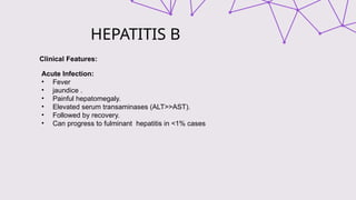 HEPATITIS B
Clinical Features:
Acute Infection:
• Fever
• jaundice .
• Painful hepatomegaly.
• Elevated serum transaminases (ALT>>AST).
• Followed by recovery.
• Can progress to fulminant hepatitis in <1% cases
 