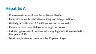 Hepatitis A
• Commonest cause of viral hepatitis worldwide
• Endemicity closely related to sanitary and living conditions
• Globally, an estimated 1.5 million cases occur annually
• Known to have potential to cause large outbreaks
• India is hyperendemic for HAV with very high infection rates in first
few years of life
• Most people develop immunity by 10 years of age
 