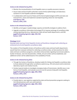 27

Actions.to.Be.Initiated.During.2011:
  •	 Monitor the misclassification of viral hepatitis cases as a quality-assurance measure.
  •	 Assure state and local health authorities receive timely epidemiologic and laboratory
     assistance in viral hepatitis outbreak investigation.
  •	 In collaboration with Council of State and Territorial Epidemiologists (CSTE) and state and
     local partners, revise and implement standard reporting criteria for viral hepatitis.
     Lead Agency: CDC
     Partners: APHL, CSTE

Actions.to.Be.Initiated.During.2012:
  •	 Identify current gaps in epidemiologic capacity and identify strategies to address them.
  •	 Upgrade surveillance information technology (IT) to improve exchange of surveillance data
     among reporting sites (e.g., laboratories), state ad local health departments, and CDC.
     Lead/Participating Agencies: CDC, CMS, NIH
     Partner: CSTE


Strategy.3 .1 .2.
Develop state and local Viral Hepatitis Centers of Excellence charged with collecting an
enhanced set of viral hepatitis surveillance data.
The creation of Viral Hepatitis Centers of Excellence within state and local health departments
would help them evaluate methods for collecting surveillance data; set best practices for other
state and local surveillance programs; and collect enhanced data regarding transmission patterns,
burden of disease, and viral characteristics. Initially, 10 such centers will be established, and
additional centers will be added based on the availability of funds.

Actions.to.Be.Initiated.During.2012:
  •	 Through the Centers of Excellence, develop models for linking viral hepatitis surveillance data
     to those obtained through other surveillance systems (e.g., HIV and cancer) and to electronic
     laboratory reports and medical records.
  •	 Conduct special studies to investigate emerging modes of transmission, identify new or rare
     forms of viral hepatitis, and evaluate access to care for persons living with viral hepatitis.
     Lead/Participating Agencies: CDC, CMS, HRSA
     Partners: APHL, CSTE

Actions.to.Be.Initiated.During.2013:
  •	 Provide data to case registries supported by state and local prevention programs seeking to
     link infected persons with care and treatment.
     Lead/Participating Agencies: CDC, CMS, HRSA
     Partners: APHL, CSTE




                    Action Plan for the Prevention, Care & Treatment of Viral Hepatitis
 