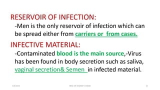 RESERVOIR OF INFECTION:
-Men is the only reservoir of infection which can
be spread either from carriers or from cases.
INFECTIVE MATERIAL:
-Contaminated blood is the main source,-Virus
has been found in body secretion such as saliva,
vaginal secretion& Semen in infected material.
4/4/2019 32BRIG DR HEMANT KUMAR
 