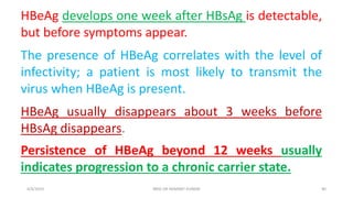 4/4/2019 BRIG DR HEMANT KUMAR 40
HBeAg develops one week after HBsAg is detectable,
but before symptoms appear.
The presence of HBeAg correlates with the level of
infectivity; a patient is most likely to transmit the
virus when HBeAg is present.
HBeAg usually disappears about 3 weeks before
HBsAg disappears.
Persistence of HBeAg beyond 12 weeks usually
indicates progression to a chronic carrier state.
 