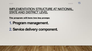 IMPLEMENTATION STRUCTURE AT NATIONAL,
STATE AND DISTRICT LEVEL
The program will have two key prongs:
1. Program management.
2. Servicedelivery component.
8/2/2019
NVHCP 15
 