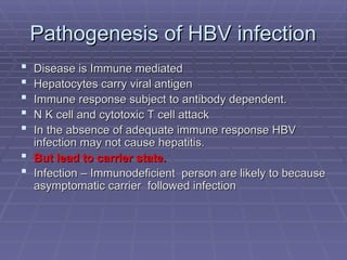 Pathogenesis of HBV infection
Pathogenesis of HBV infection
 Disease is Immune mediated
Disease is Immune mediated
 Hepatocytes carry viral antigen
Hepatocytes carry viral antigen
 Immune response subject to antibody dependent.
Immune response subject to antibody dependent.
 N K cell and cytotoxic T cell attack
N K cell and cytotoxic T cell attack
 In the absence of adequate immune response HBV
In the absence of adequate immune response HBV
infection may not cause hepatitis.
infection may not cause hepatitis.
 But lead to carrier state.
But lead to carrier state.
 Infection – Immunodeficient person are likely to because
Infection – Immunodeficient person are likely to because
asymptomatic carrier followed infection
asymptomatic carrier followed infection
 