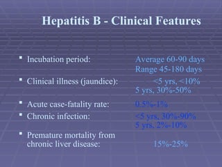  Incubation period: Average 60-90 days
Range 45-180 days
 Clinical illness (jaundice): <5 yrs, <10%
5 yrs, 30%-50%
 Acute case-fatality rate: 0.5%-1%
 Chronic infection: <5 yrs, 30%-90%
5 yrs, 2%-10%
 Premature mortality from
chronic liver disease: 15%-25%
Hepatitis B - Clinical Features
 