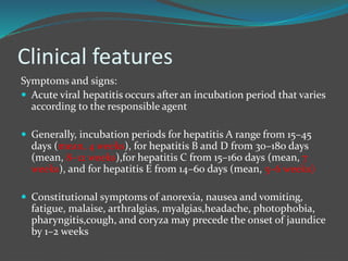 Clinical features
Symptoms and signs:
 Acute viral hepatitis occurs after an incubation period that varies
according to the responsible agent
 Generally, incubation periods for hepatitis A range from 15–45
days (mean, 4 weeks), for hepatitis B and D from 30–180 days
(mean, 8–12 weeks),for hepatitis C from 15–160 days (mean, 7
weeks), and for hepatitis E from 14–60 days (mean, 5–6 weeks)
 Constitutional symptoms of anorexia, nausea and vomiting,
fatigue, malaise, arthralgias, myalgias,headache, photophobia,
pharyngitis,cough, and coryza may precede the onset of jaundice
by 1–2 weeks
 
