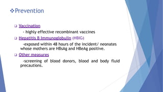 Prevention
 Vaccination
- highly effective recombinant vaccines
 Hepatitis B Immunoglobulin (HBIG)
-exposed within 48 hours of the incident/ neonates
whose mothers are HBsAg and HBeAg positive.
 Other measures
-screening of blood donors, blood and body fluid
precautions.
 