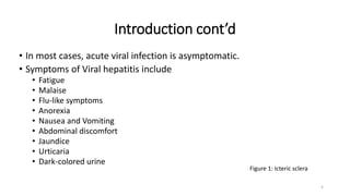 Introduction cont’d
• In most cases, acute viral infection is asymptomatic.
• Symptoms of Viral hepatitis include
• Fatigue
• Malaise
• Flu-like symptoms
• Anorexia
• Nausea and Vomiting
• Abdominal discomfort
• Jaundice
• Urticaria
• Dark-colored urine
5
Figure 1: Icteric sclera
 