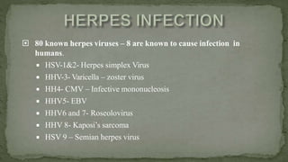  80 known herpes viruses – 8 are known to cause infection in
humans.
 HSV-1&2- Herpes simplex Virus
 HHV-3- Varicella – zoster virus
 HH4- CMV – Infective mononucleosis
 HHV5- EBV
 HHV6 and 7- Roseolovirus
 HHV 8- Kaposi’s sarcoma
 HSV 9 – Semian herpes virus
 