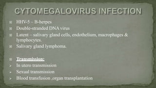  HHV-5 – B-herpes
 Double-stranded DNAvirus
 Latent – salivary gland cells, endothelium, macrophages &
lymphocytes.
 Salivary gland lymphoma.
 Transmission:
 In utero transmission
 Sexual transmission
 Blood transfusion ,organ transplantation
 