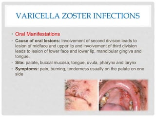 VARICELLA ZOSTER INFECTIONS
• Oral Manifestations
• Cause of oral lesions: Involvement of second division leads to
lesion of midface and upper lip and involvement of third division
leads to lesion of lower face and lower lip, mandibular gingiva and
tongue.
• Site: palate, buccal mucosa, tongue, uvula, pharynx and larynx
• Symptoms: pain, burning, tenderness usually on the palate on one
side
 