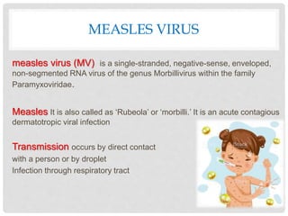 MEASLES VIRUS
measles virus (MV) is a single-stranded, negative-sense, enveloped,
non-segmented RNA virus of the genus Morbillivirus within the family
Paramyxoviridae.
Measles It is also called as ‘Rubeola’ or ‘morbilli.’ It is an acute contagious
dermatotropic viral infection
Transmission occurs by direct contact
with a person or by droplet
Infection through respiratory tract
 
