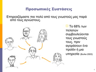 Προσωπικές Συστάσεις Επηρεαζόμαστε πιο πολύ από τους γνωστούς μας παρά από τους αγνώστους.  Το  68%  των πελατών  συμβουλεύονται τους γνωστούς τους, πριν αγοράσουν ένα προϊόν ή μια υπηρεσία   (Burke 2003) 