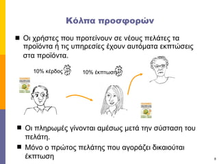 Κόλπα προσφορών  Οι χρήστες που προτείνουν σε νέους πελάτες τα προϊόντα ή τις υπηρεσίες έχουν αυτόματα εκπτώσεις στα προϊόντα.   Οι πληρωμές γίνονται αμέσως μετά την σύσταση του πελάτη. Μόνο ο πρώτος πελάτης που αγοράζει δικαιούται έκπτωση 10%  κέρδος 10%  έκπτωση 