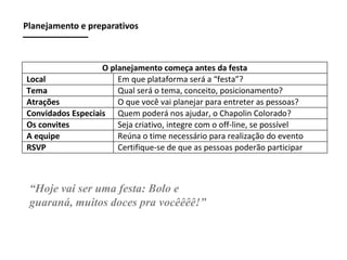 Planejamento e preparativos

O planejamento começa antes da festa
Local
Em que plataforma será a “festa”?
Tema
Qual será o tema, conceito, posicionamento?
Atrações
O que você vai planejar para entreter as pessoas?
Convidados Especiais Quem poderá nos ajudar, o Chapolin Colorado?
Os convites
Seja criativo, integre com o off-line, se possível
A equipe
Reúna o time necessário para realização do evento
RSVP
Certifique-se de que as pessoas poderão participar

“Hoje vai ser uma festa: Bolo e
guaraná, muitos doces pra vocêêêê!”

 
