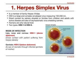 Viral Keratitis
dr. Frenky DJ
1. Herpes Simplex Virus
• Is a member of family Herpes Viridae.
• HSV is a large and complex enveloped virus measuring 150-200 nm.
• Direct contact by salivary droplets or fomites from children and adults with
active disease and also of asymptomatic virus shedding carriers. 

• Humans are only natural host. 

• Two types; HSV-1 & HSV-2.
MODE OF INFECTION
Lips, nose and cornea: HSV-1 (above
abdomen) 
(Close contact with patient suﬀering from
herpes labialis)

Genitals: HSV-2 (below abdomen) 
(to eye of neonate through infected genitalia
of mother)
 
