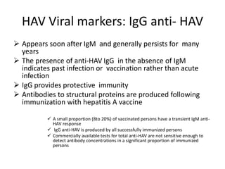 HAV Viral markers: IgG anti- HAV
 Appears soon after IgM and generally persists for many
years
 The presence of anti-HAV IgG in the absence of IgM
indicates past infection or vaccination rather than acute
infection
 IgG provides protective immunity
 Antibodies to structural proteins are produced following
immunization with hepatitis A vaccine
 A small proportion (8to 20%) of vaccinated persons have a transient IgM anti-
HAV response
 IgG anti-HAV is produced by all successfully immunized persons
 Commercially available tests for total anti-HAV are not sensitive enough to
detect antibody concentrations in a significant proportion of immunized
persons
 
