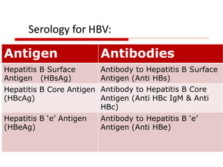 Serology for HBV:
Antigen Antibodies
Hepatitis B Surface
Antigen (HBsAg)
Antibody to Hepatitis B Surface
Antigen (Anti HBs)
Hepatitis B Core Antigen
(HBcAg)
Antibody to Hepatitis B Core
Antigen (Anti HBc IgM & Anti
HBc)
Hepatitis B ‘e’ Antigen
(HBeAg)
Antibody to Hepatitis B ‘e’
Antigen (Anti HBe)
 